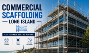 `Commercial scaffolding Long Island job site with steel frame scaffold on multi-storey building 2025`