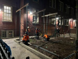 Sidewalk shed and pipe scaffolding PS 139 Brooklyn
