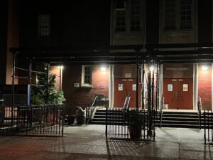 Sidewalk shed and pipe scaffolding PS 139 Brooklyn