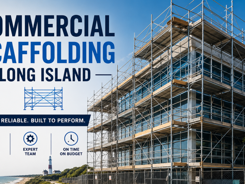 `Commercial scaffolding Long Island job site with steel frame scaffold on multi-storey building 2025`